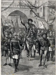 Le cortège des corporations au XIVe siècle : Le prévôt des marchands de Paris. Gravure dans « Le petit parisien » du 18/06/1899. Collection privée.