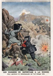 Les dangers du reportage en guerre : « deux correspondants reporters dans des pays en guerre risquant leur vie » illustration de « Le Petit Journal » 03/11/1912 Collection privée