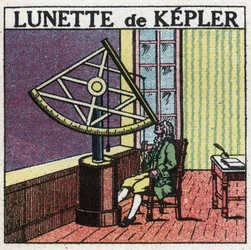 Les premiers instruments optiques : lunette astronomique de Johannes Kepler (1571-1630) inventée vers 1615. Illustration anonyme de 1925. Collection privée.