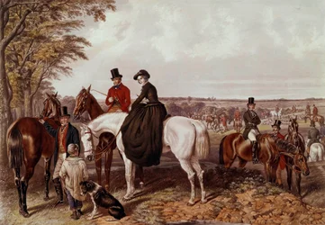 La chasse au renard, la rencontre Le cavalier monte en amazone (lithographie anonyme du 19e siècle, collection privée)