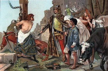 La justice de Baudouin VII (1092-1119), comte de Flandre dit à la hache. Chromolithographie publicitaire des chocolats Antoine à Bruxelles, début du XXe siècle. Collection privée