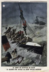 Le canot de sauvetage de Calais pour secourir un bateau de pêche anglais en train de couler. Gravure dans « Le Petit Journal » du 11/02/1912. Collection privée