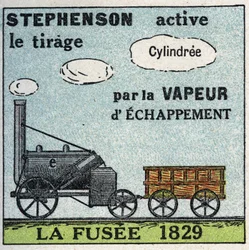 La locomotive : la fusée inventée par George Stephenson (1781-1848) en 1829. Illustration anonyme de 1925. Collection privée.