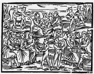 Le repas des sorcières le sabbat - « Compendium Maleficarum », traite des sorcières, de leurs maux et de leurs sortilèges par Francesco Maria Guazzo ou Guaccio ou Guaccius (15?? -16??) 1608 Collection privée