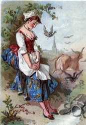 La laitière et le pot au lait. Fable de Jean de La Fontaine (1621-1695). Chromolithographie du XIXe siècle. Collection privée.
