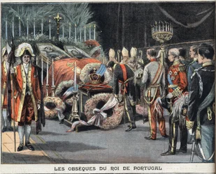 Les obsèques du roi du Portugal Charles Ier (1863-1908), assassiné le 1 février 1908. Gravure du journal « Le Petit Parisien », du 23/02/1908. Collection privée.