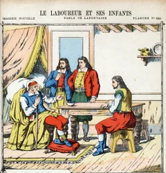 Le laboureur et ses enfants. Illustration anonyme pour Les Fables de Jean de La Fontaine (1621-1695). Imagerie de Pont-à-Mousson, vers 1880. Collection privée