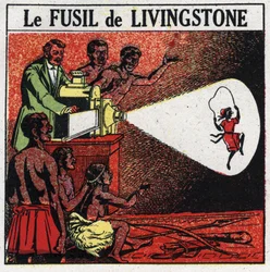 La projection : le fusil de Livingstone. David Livingstone (1813-1873) missionnaire et explorateur écossais avec la lanterne magique dans la tribu Balonda en Afrique. Illustration anonyme de 1925. Collection privée.