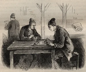 Le public écrivain au bagne de Toulon au XIXe siècle. Gravure dans « Histoire des bagnes depuis leur création à nos jours » (1877) par Pierre Zaccone.