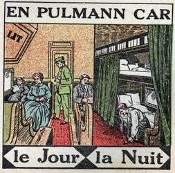 Les chemins de fer : intérieur du wagon Pullman. Illustration anonyme de 1925. Collection privée.