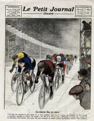 La course de six jours : Piet van Kempen (1898-1985), Alfred Grenda, Seres et Maurice Brocco (1883-1965) pendant le sprint. Gravure dans Le Petit Journal illustré, le 16/04/1922