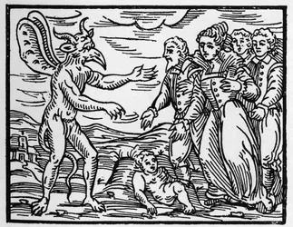 Les sorciers présentant un enfant au diable - « Compendium Maleficarum », traite des sorcières, de leurs maux et de leurs sortilèges par Francesco Maria Guazzo (1608) - Collection privée