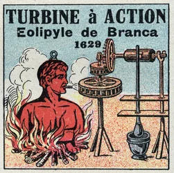 La machine à vapeur : turbine à action. Éolipyle inventée par Giovanni Branca (1571-1645) en 1629. Illustration anonyme de 1925. Collection privée.