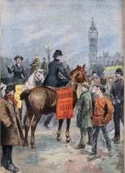 Les suffragettes parcourent la ville de Londres à cheval. Gravure du journal «Le Petit Parisien»