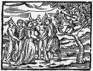 Les sorcières dansant le sabbat au son du violon - « Compendium Maleficarum », traite des sorcières, de leurs maux et de leurs sortilèges par Francesco Maria Guazzo ou Guaccio ou Guaccius (15?? -16??) 1608 Collection Privée