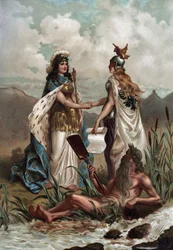 Guerre de Trente Ans (1618-1648) : allégorie du Traité de Westphalie en 1648. Chromolithographie dans « Turenne ; sa vie, les institutions militaires de son temps » (1884) par Jules Roy. Collection privée.