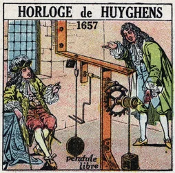 Temps : horloge à pendule libre inventée par Christiaan Huygens (1629-1695) en 1657. Illustration anonyme de 1925. Collection privée.
