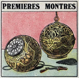 Temps : premières montres du 15ème siècle. Illustration anonyme de 1925. Collection privée.