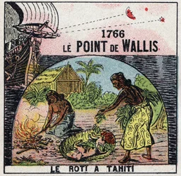 Temps : le point de Samuel Wallis (1728-1795) en 1766 permettant de connaître la longitude du point où il se trouvait par rapport à la distance entre les étoiles et la lune. Illustration anonyme de 1925. Collection privée.