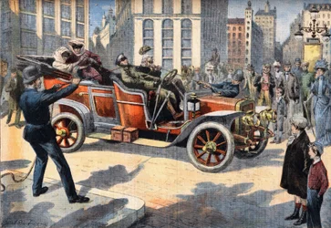 Méthodes inhabituelles de la police américaine pour arrêter les conducteurs commettant des excès de vitesse en conduisant leurs voitures. Gravure du journal «Le Petit Parisien», le 31/05/1908. Collection privée.