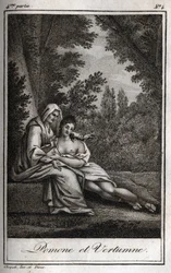Vertumne et Pomone (Jupiter et Cérès) : Vertumne, amoureux de la nymphe Pomone, se déguise en vieille femme pour l