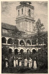 Vue du couvent dominicain à Quito, Équateur. Gravure dans "Les Missions Catholiques au XIXe Siècle" par Louis-Eugène Louvet. Collection privée.