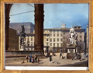 Vue de la Loggia dei Lanzi (1576-1582) sur la Piazza della Signoria à Florence. Peinture anonyme du XIXe siècle