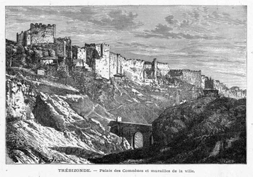 Vue du Palais des Comtes et des murs de la ville de Trébizonde (Turquie). Gravure dans « Les Missions Catholiques au XIXe Siècle » par Louis-Eugène Louvet. Collection privée.