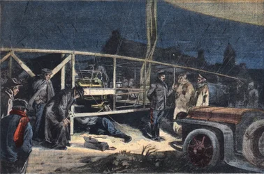 Panne du dirigeable Ville de Paris à Valmy. Gravure du journal «Le Petit Parisien», le 2/02/1908. Collection privée.
