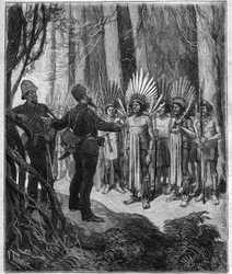 Voyage de Henri Coudreau (1859-1899), professeur de géographie et explorateur en territoire indien de Guyane - il a reçu des chefs Roucouyan - gravure de « Journal des voyages » de 1889