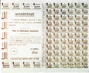 Première Guerre mondiale : tickets de rationnement pour le pain, le beurre, le sucre et le riz (estampe, vers 1914-1918)