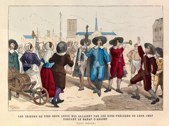 Les crieurs de vin à Paris sous Louis XIII parcouraient les rues au 17e siècle, précédés de leur chef portant le hanap d