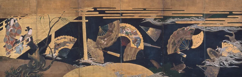 Femme admirant des éventails flottants, Époque Edo