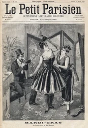 Femmes préparant leur déguisement derrière un paravent et homme essayant son masque en forme de trompe d