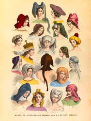 Coiffures féminines aux XVe et XVIe siècles, gravure - collection privée