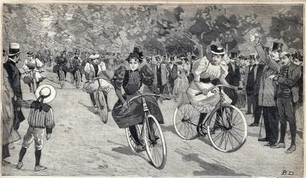 Course de femmes vélocipédistes au Bois de Boulogne près de Paris. Gravure dans "Le Petit Parisien" le 25/06/1893.