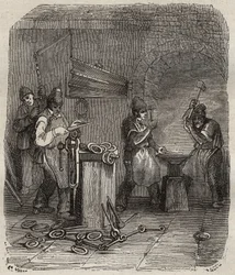 Forces ouvrières au bagne de Rochefort au XIXe siècle. Gravure dans « Histoire des bagnes depuis leur création à nos jours » (1877) par Pierre Zaccone.
