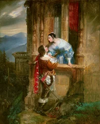 Jeune homme courtisant une dame sur son balcon. Illustration pour « Roméo et Juliette » de William Shakespeare
