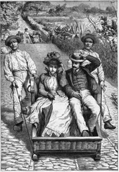 carros de cesto à Madère 1893 - Les corinhos (carrieros) à Madère - hommes guidant un siège à deux places sur roulette (un corinho). gravure dans Journal des voyages 1893