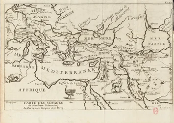 Carte des voyages de Tavernier en Europe, Perse, Turquie, 17ème siècle