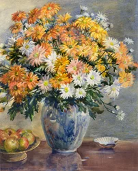 Chrysanthèmes dans un vase bleu et blanc