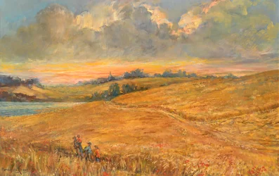 Champs de maïs au coucher du soleil surplombant la rivière Orwell