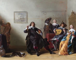 Un intérieur avec cinq personnages élégants autour d
