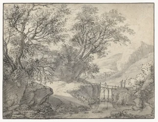 Paysage de montagne avec des arbres et un pont sur un ruisseau