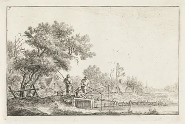 Drie vissers op een brug (Landschappen met bebouwing)