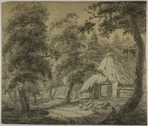 Cabane en chaume dans les bois avec berger et moutons