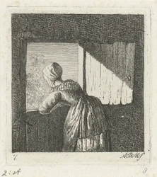 Femme appuyée sur une porte inférieure