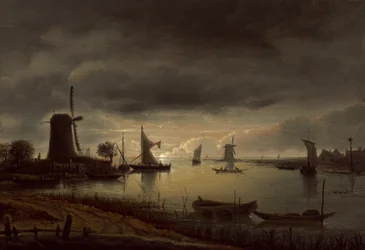 Scène de rivière avec moulin à vent et bateaux, soir, vers 1645