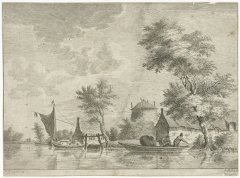 Paysage fluvial avec une meule de foin