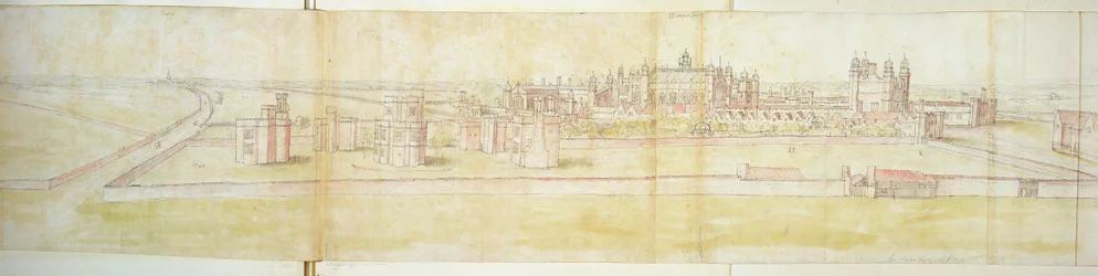 Le palais de Hampton Court depuis le nord, c.1544 (plume, encre et aquarelle sur papier)